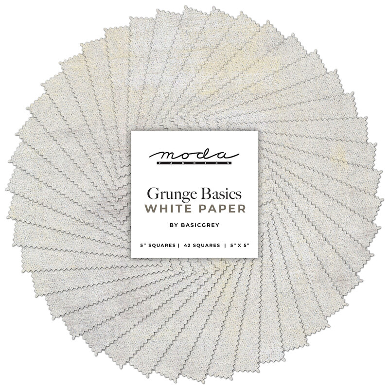 A spiraled collage of Grunge Basics - White Paper Charm Pack by Moda Fabrics