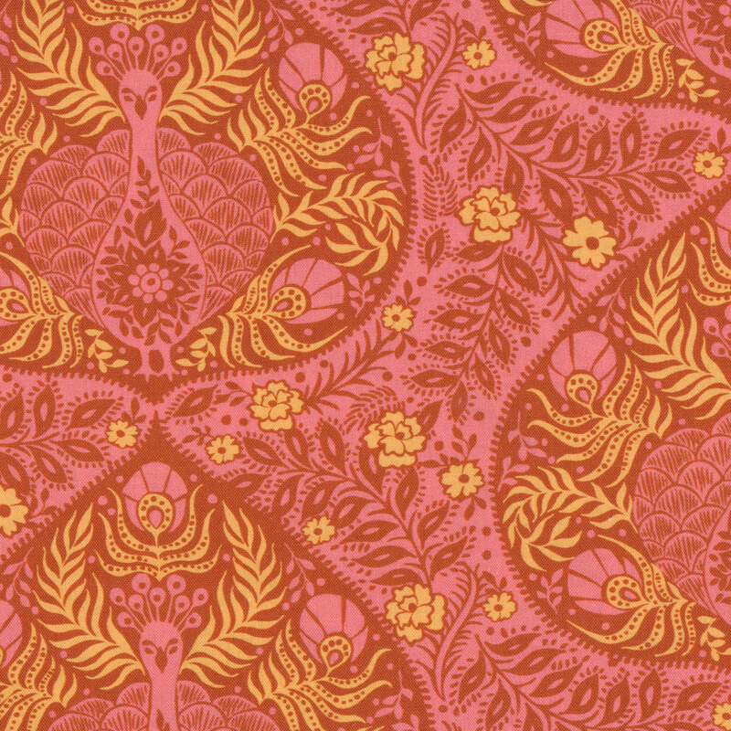 Yellow and pink peacocks and florals on pink | Shabby Fabrics