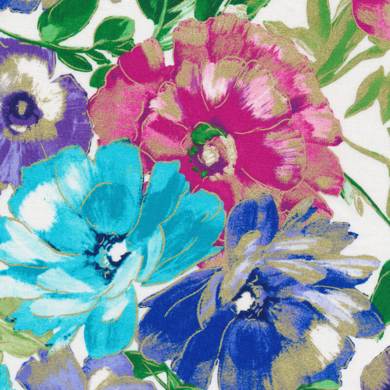 Tossed multicolored flowers on white | Shabby Fabrics