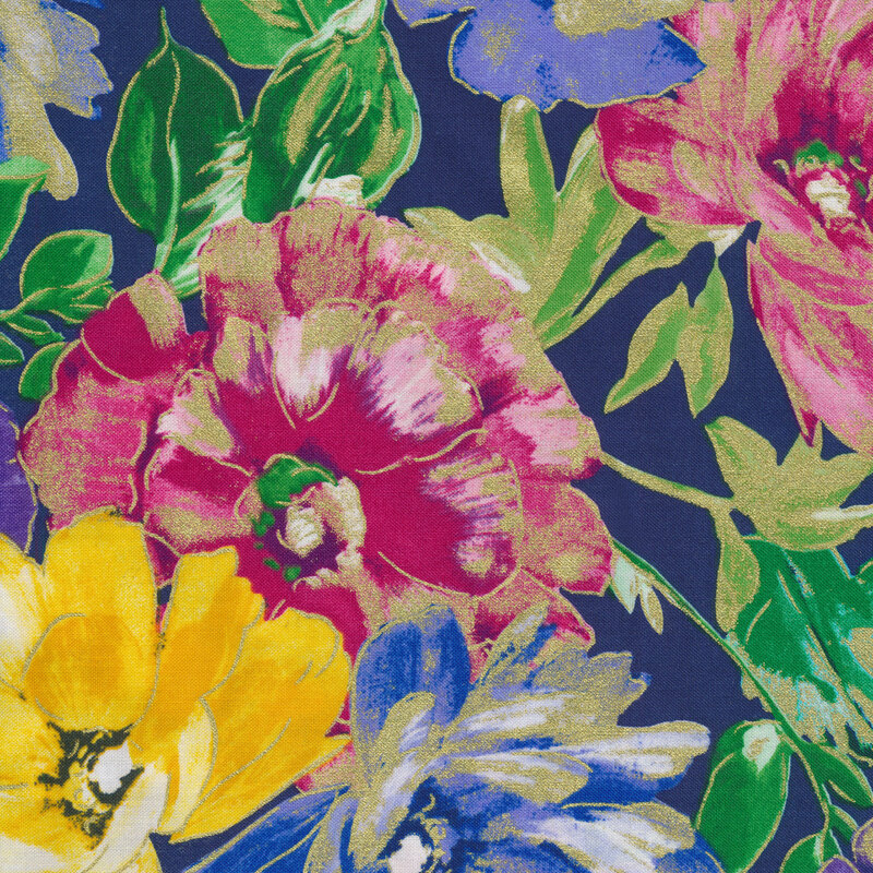 Tossed multicolored flowers on navy | Shabby Fabrics