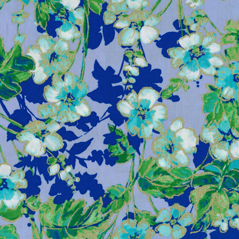 Teal flowers on a purple background | Shabby Fabrics