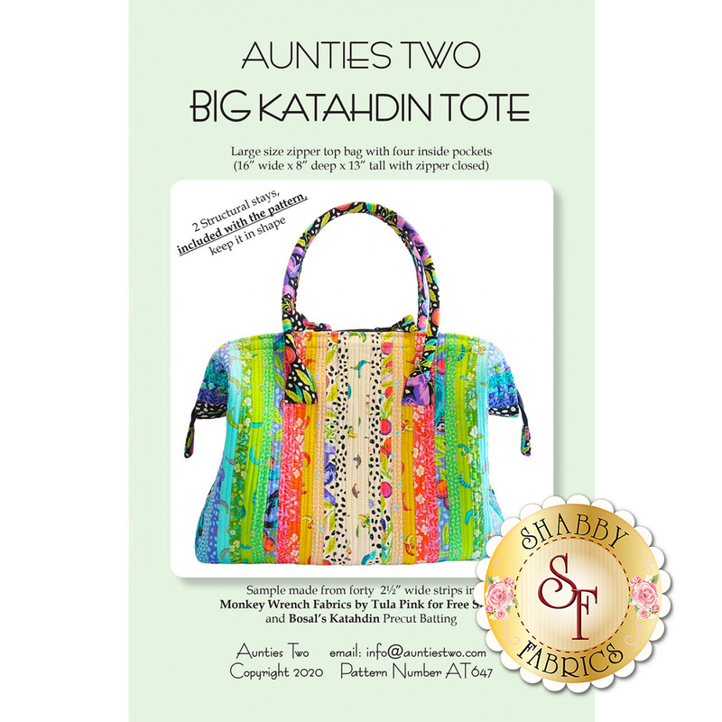 Front Cover of the Big Katahdin Tote Pattern by Aunties Two featuring a bag pieces with a variety of different fabric strips