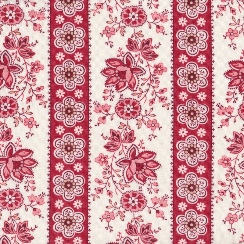 Tossed pink flowers on red stripes | Shabby Fabrics