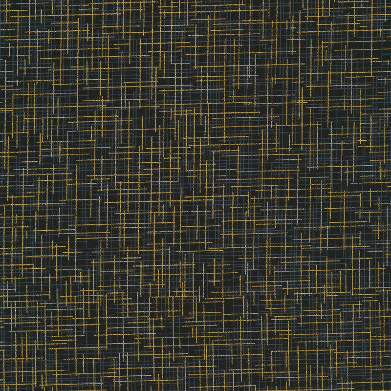 Tonal cross marks and dashes all over a black background with gold metallic accents | Shabby Fabrics
