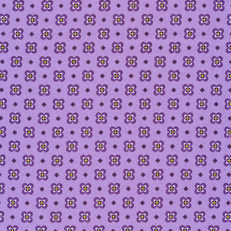 Purple fabric features tiny pansy and diamond print pattern | Shabby Fabrics