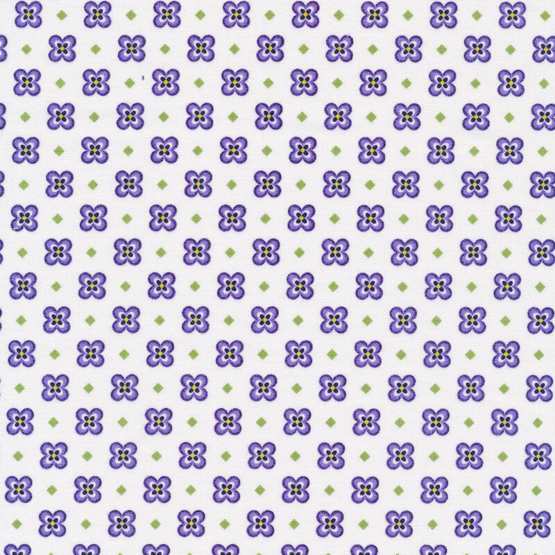 Cream fabric features tiny purple pansy and green diamond print pattern | Shabby Fabrics