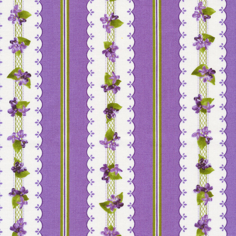Fabric features purple and cream scalloped border stripes with purple flowers | Shabby Fabrics