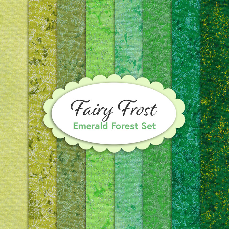 Graphic of 8 green mottled and pearlized fabrics in the fairy frost emerald forest set