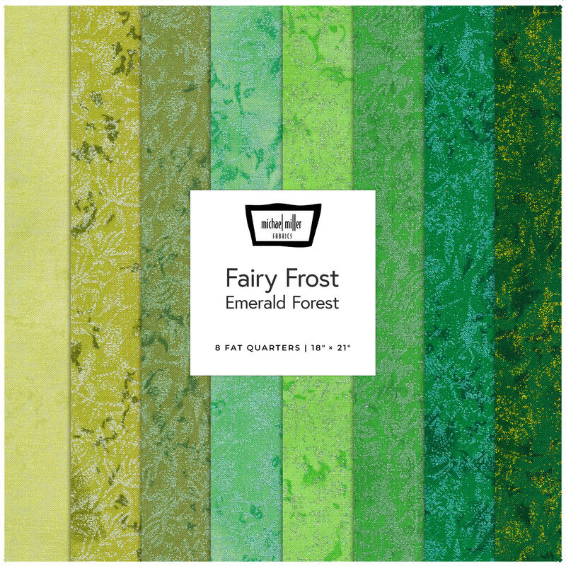 Graphic of 8 green mottled and pearlized fabrics in the fairy frost emerald forest set