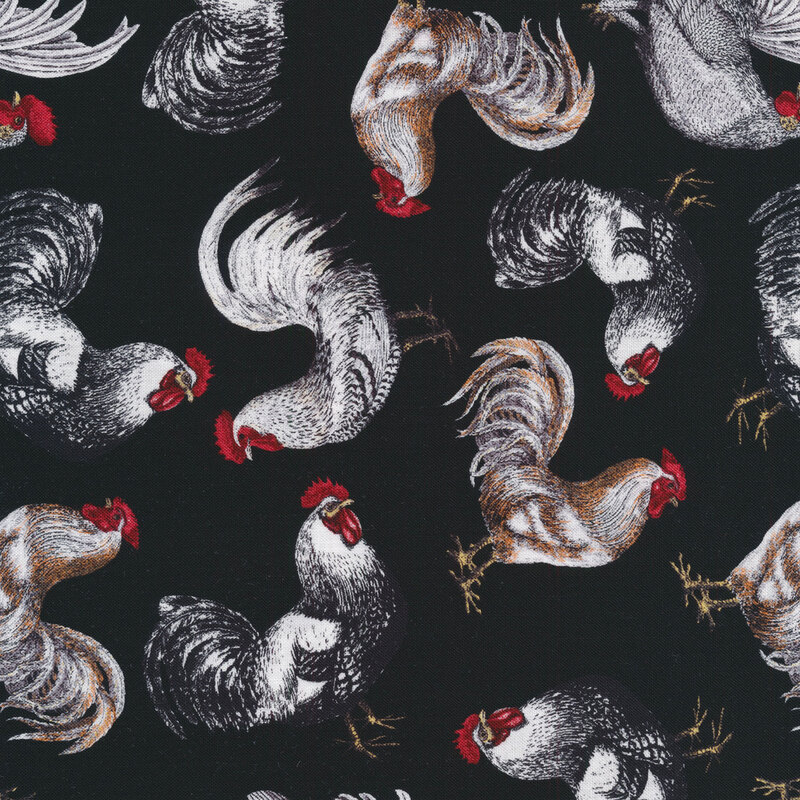 Black fabric features tossed white black tan roosters design | Shabby Fabrics