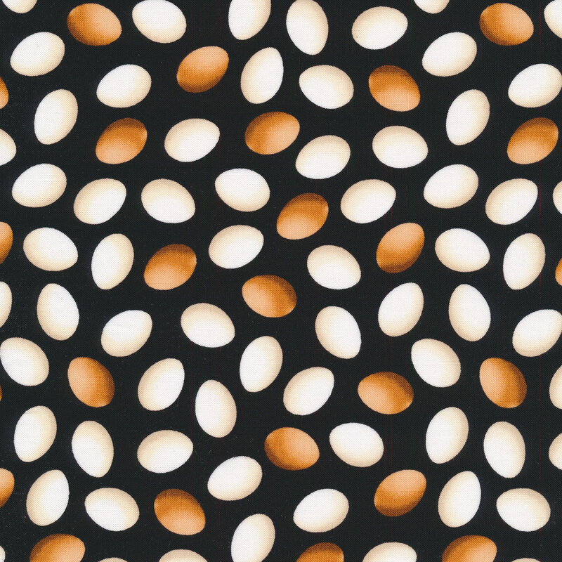 Black fabric features tossed white cream brown eggs pattern | Shabby Fabrics