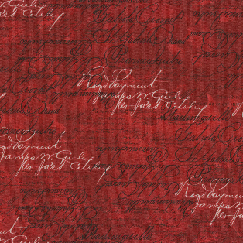 Mottled red fabric features black and gray conversational script overlay | Shabby Fabrics