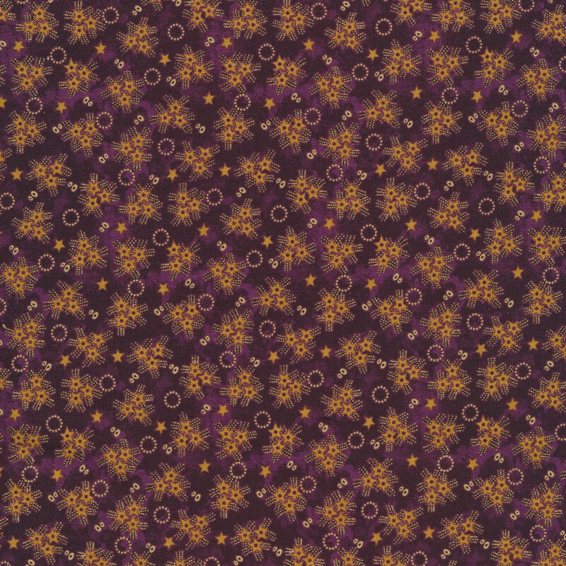Fabric features yellow star bursts and rings on a mottled purple background | Shabby Fabrics