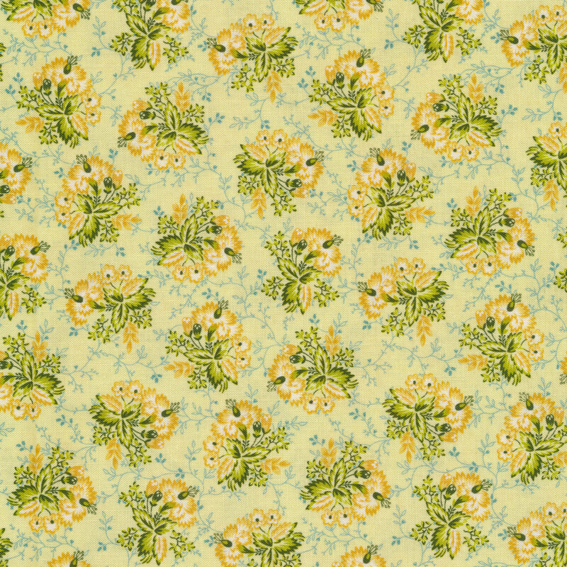 Tossed yellow bouquets on green | Shabby Fabrics