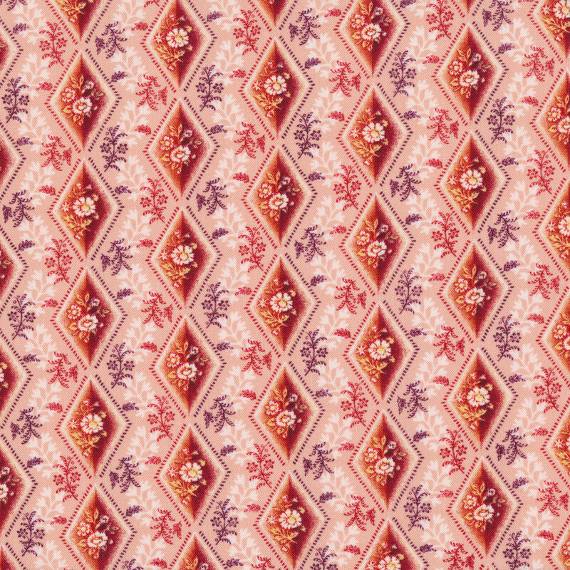 Red diamonds with white florals on pink | Shabby Fabrics