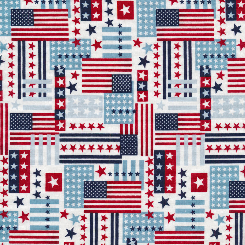 Fabric features composite overlay red white blue flags stars stripes on cream | Shabby Fabrics