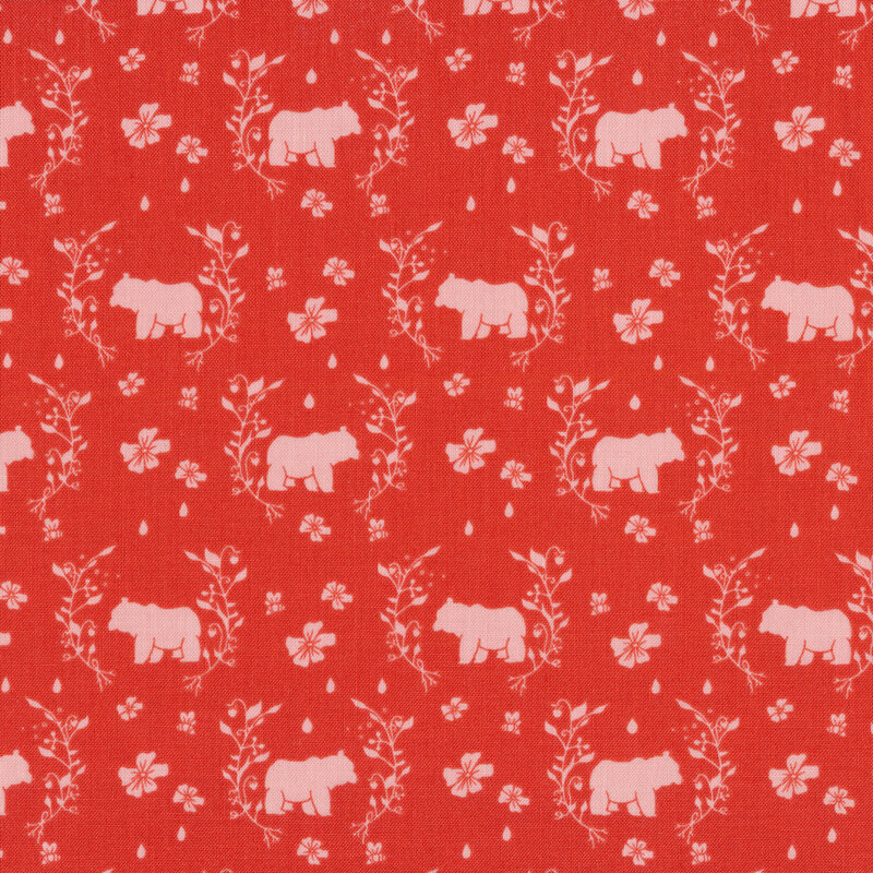 Pink bears and flowers on red | Shabby Fabrics