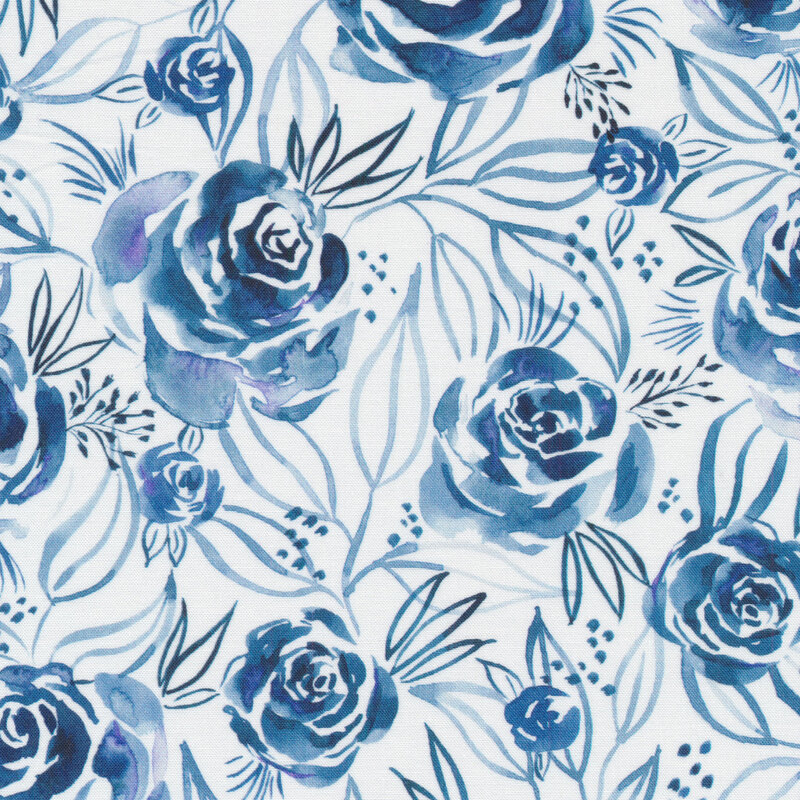 Lovely dark blue flowers and leaves on a white background | Shabby Fabrics