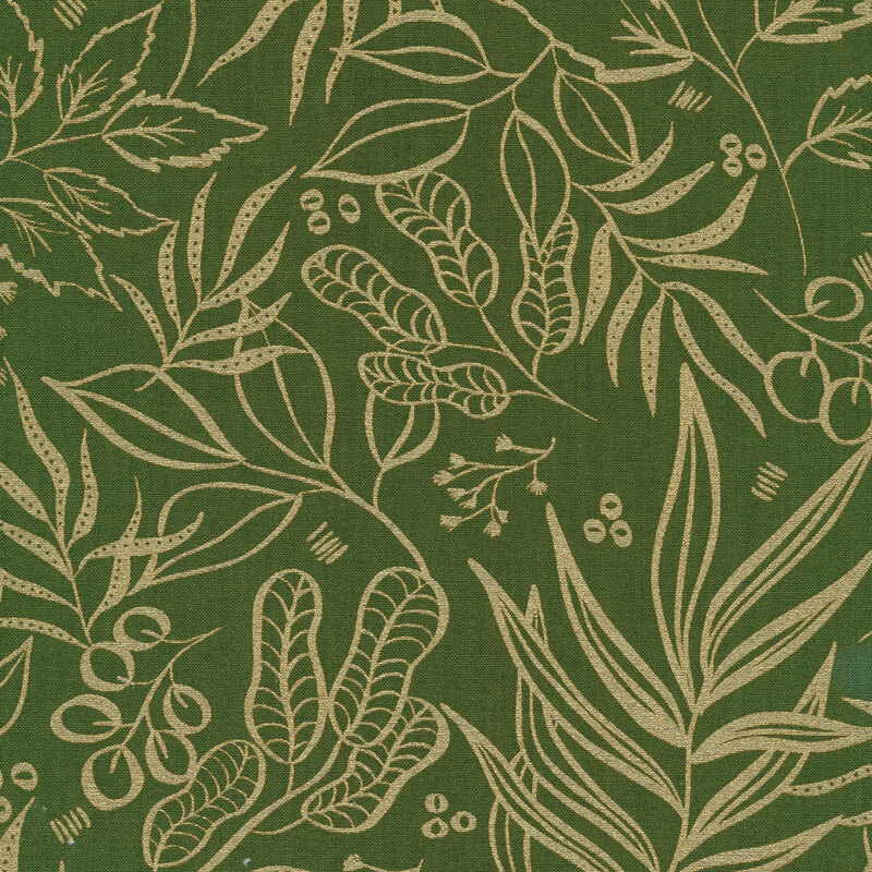 Gold metallic leaves and vines on a olive green background | Shabby Fabrics