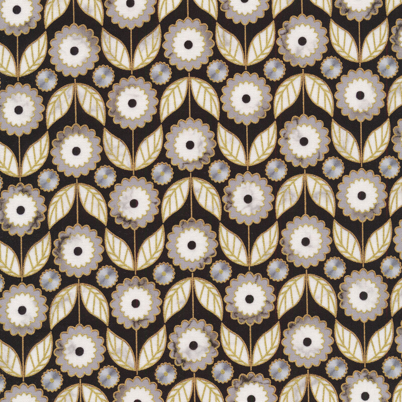 Alternating flowers with gold metallic accents on a black background | Shabby Fabrics
