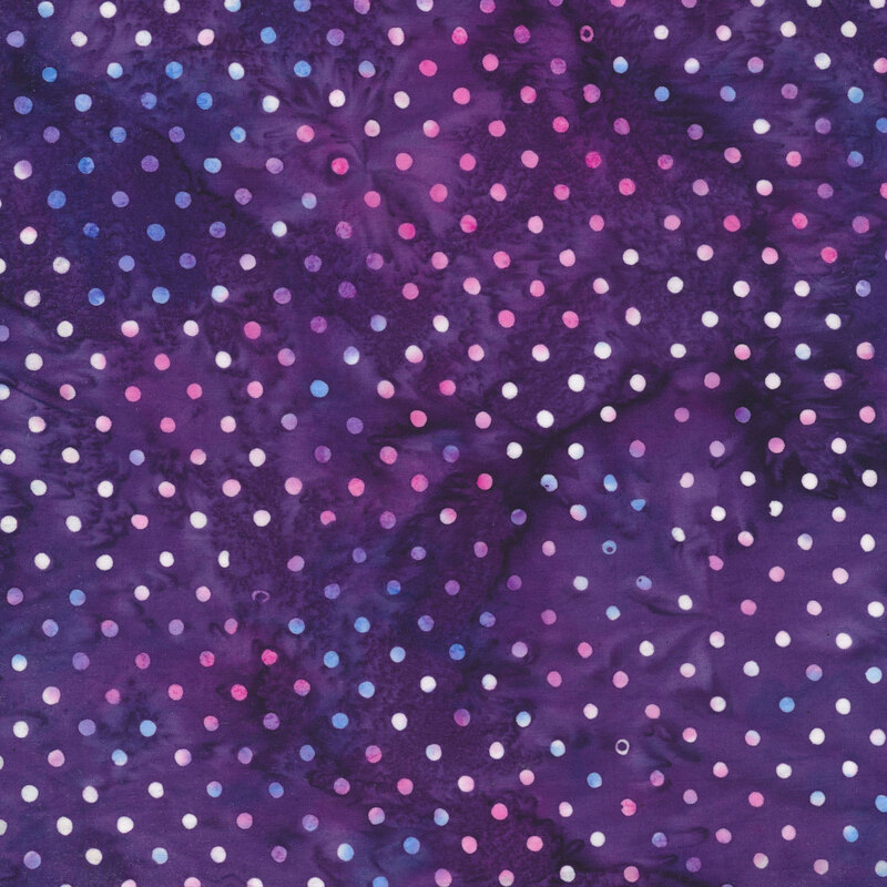 Batik fabric features multi-color pastel polka dots on violet purplee | Shabby Fabrics