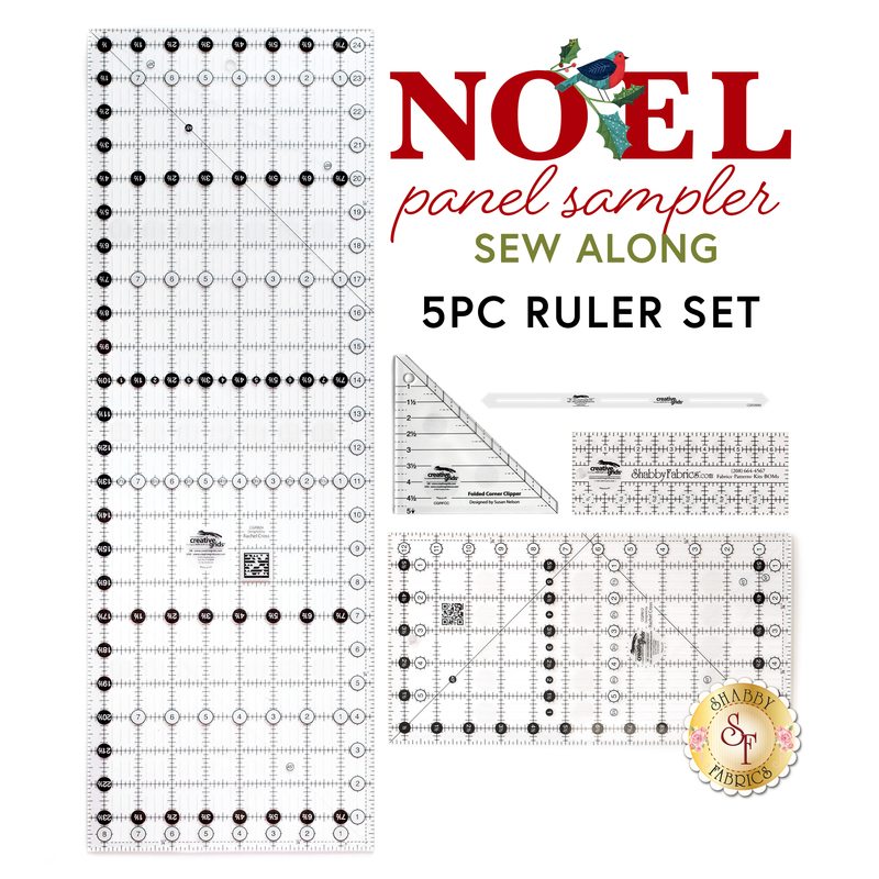 A collage of the 5 rulers included in the Noel Panel Sampler - Sew Along Ruler Set | Shabby Fabrics