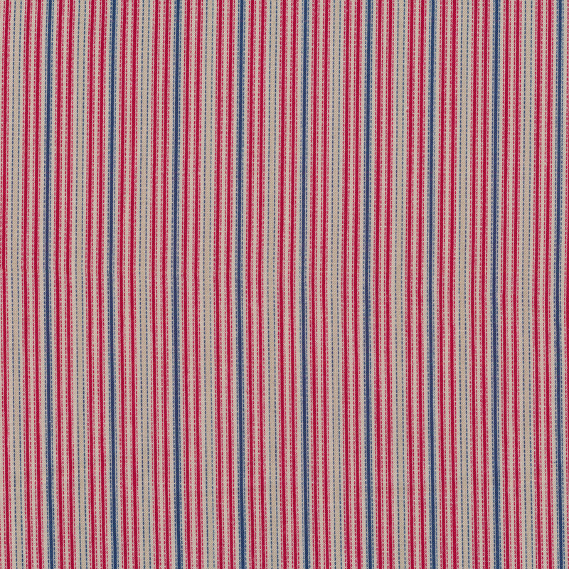 Fabric features red blue graph check and solid stripes on khaki tan | Shabby Fabrics