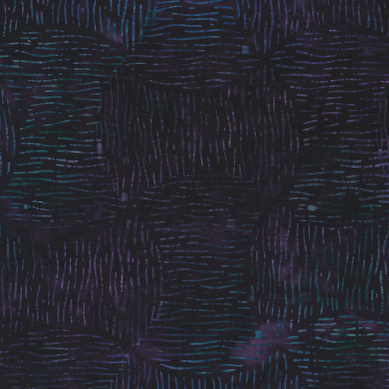 Mottled dark purple teal batik fabric features wavy columns of dashed lines | Shabby Fabrics