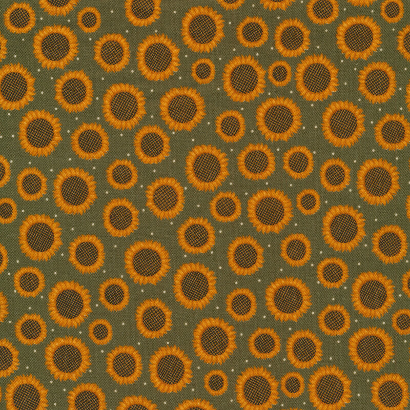 Tossed sunflowers and white dots all over green | Shabby Fabrics