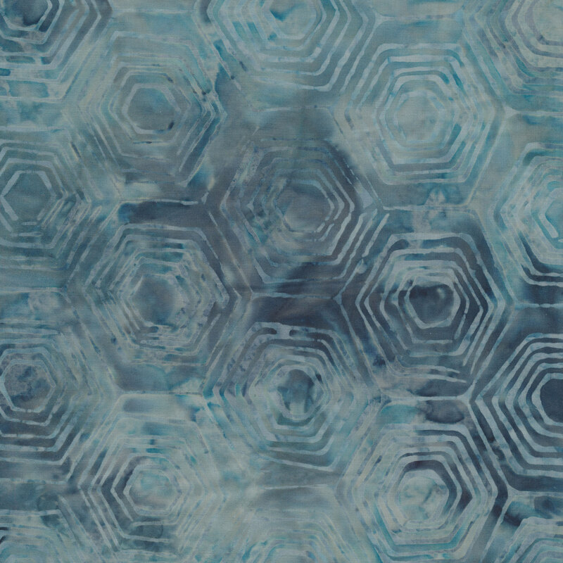 Batik fabric features mottled blue tonal hexagon design | Shabby Fabrics