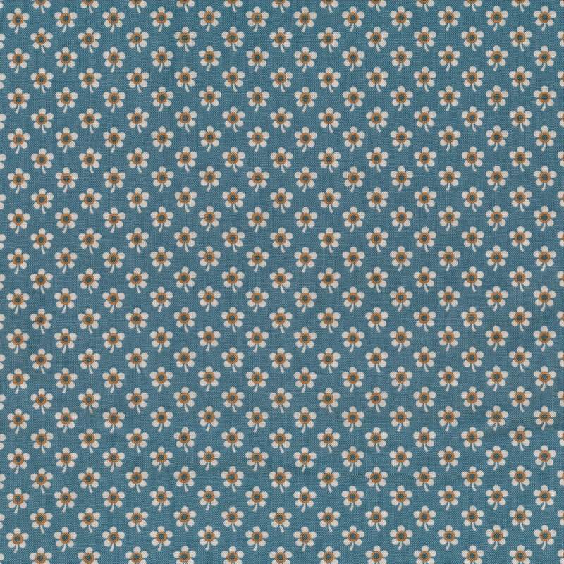 Fabric features tiny cream and tan daisy pattern on blue | Shabby Fabrics