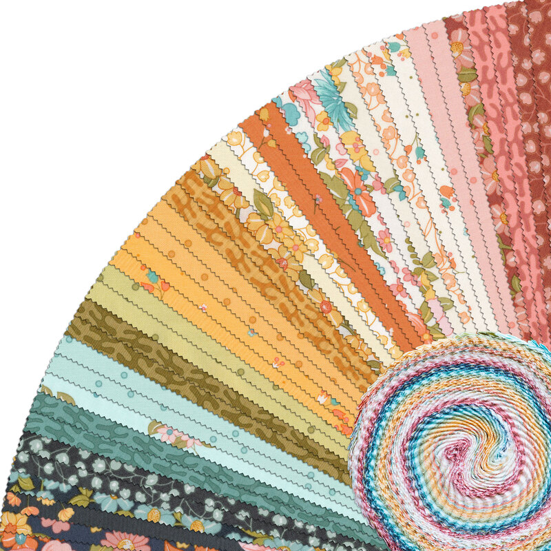 A collage of fabrics in the Sunlit Blooms strip pack