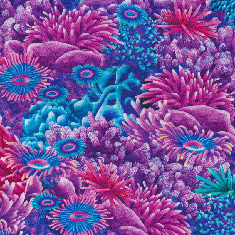 Fabric features pink blue purple coral reef scene with sea anemone | Shabby Fabrics