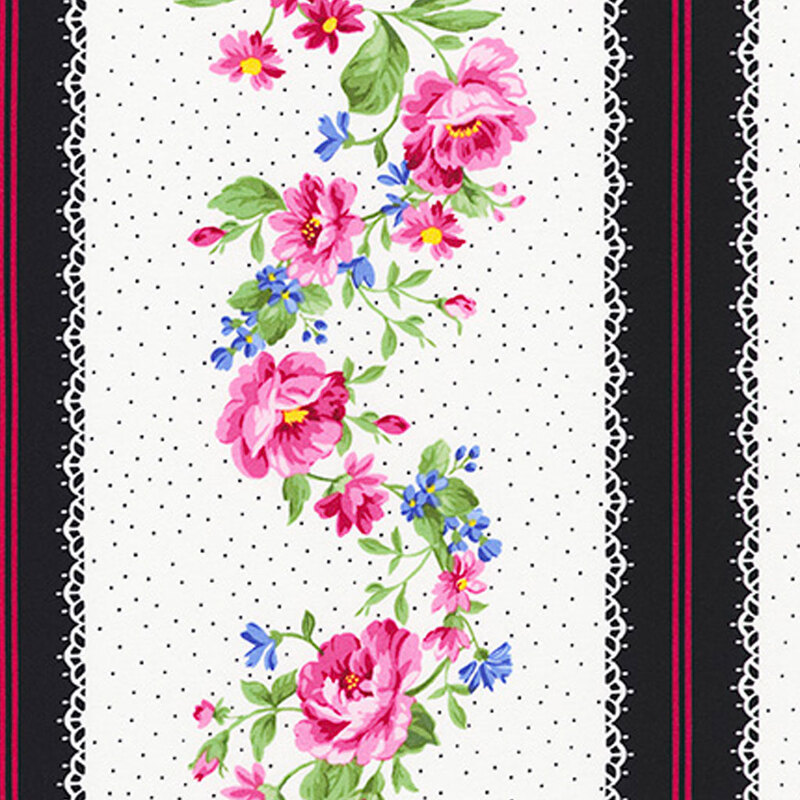 Colorful flowers and small white dots on a white striped fabric | Shabby Fabrics