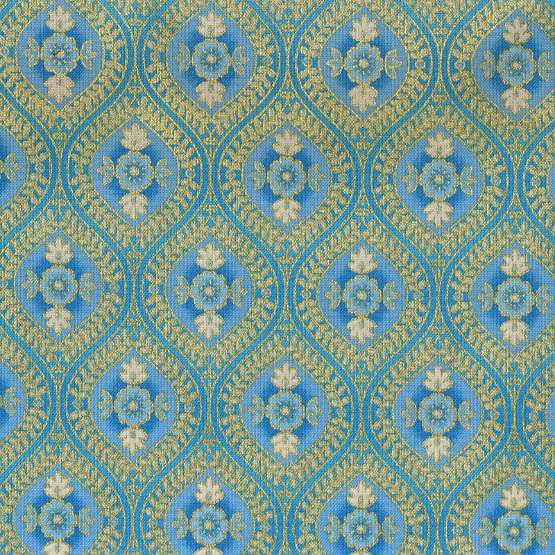 Fabric features blue cream and gold metallic ogee pattern on blue | Shabby Fabrics