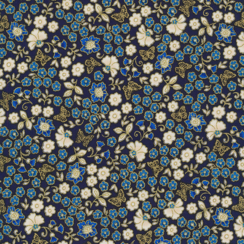 Fabric features tiny blue cream florals butterflies metallic on blue | Shabby Fabrics