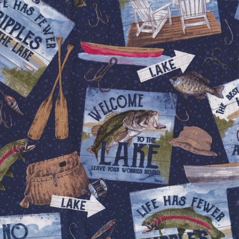Fabric features fishing themes on a tonal navy blue dotted background | Shabby Fabrics