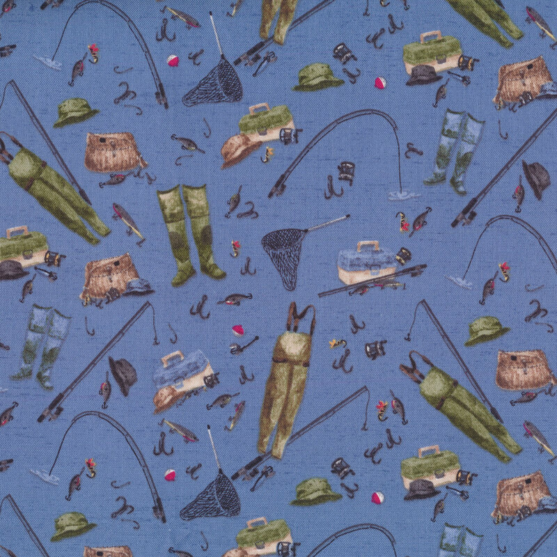 Fabric features fishing gear and tackle print on blue background | Shabby Fabrics