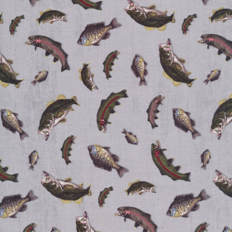 Fabric features assorted fish tossed on gray background | Shabby Fabrics