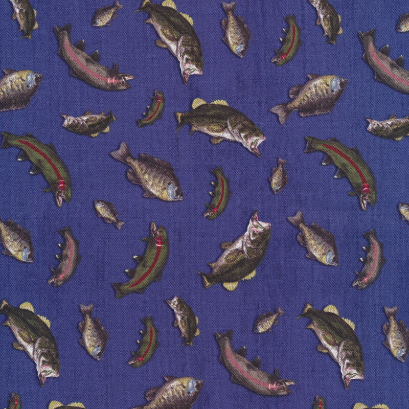 Fabric features assorted fish tossed on navy blue background | Shabby Fabrics