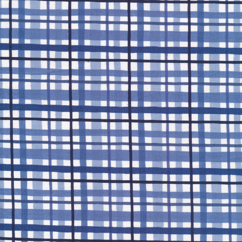 Fabric features wavy blue plaid on cream background | Shabby Fabrics