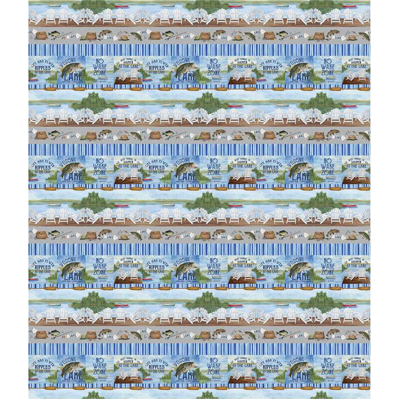 Border stripes with lakefront chairs, jumping fish, and lake signs | Shabby Fabrics
