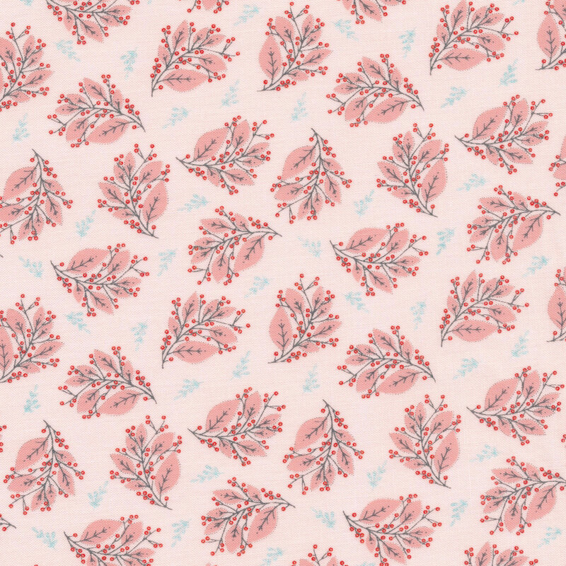 Pink fabric features teal pink and red sprigs design | Shabby Fabrics