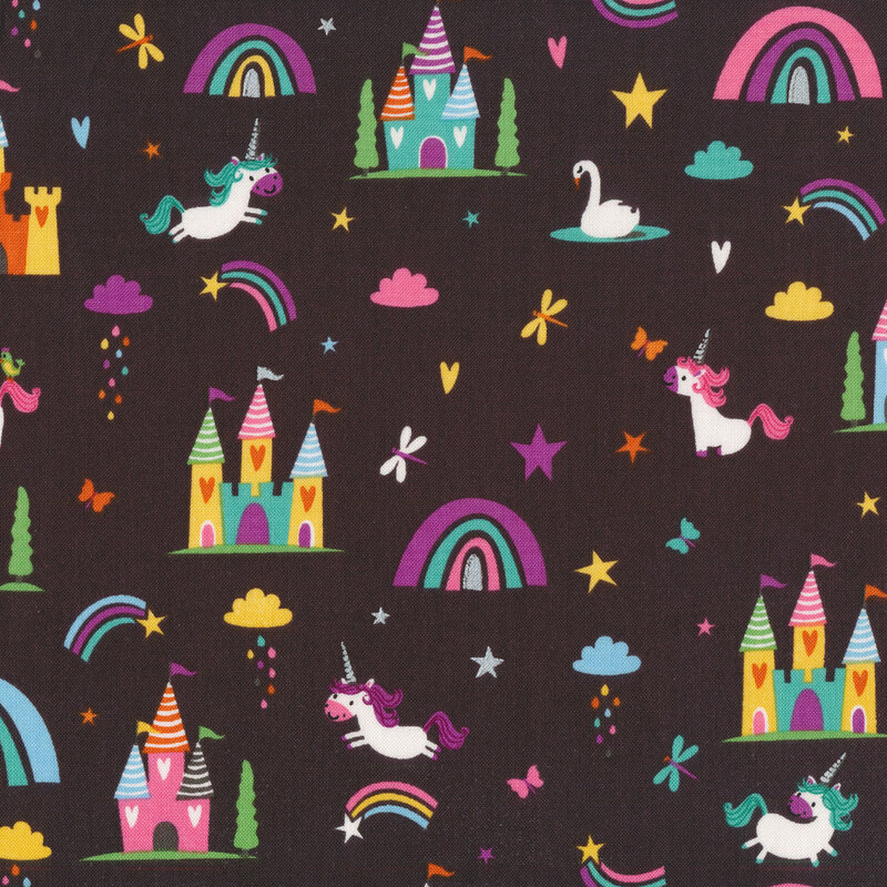 Unicorns, rainbows, and castles on charcoal grey | Shabby Fabrics