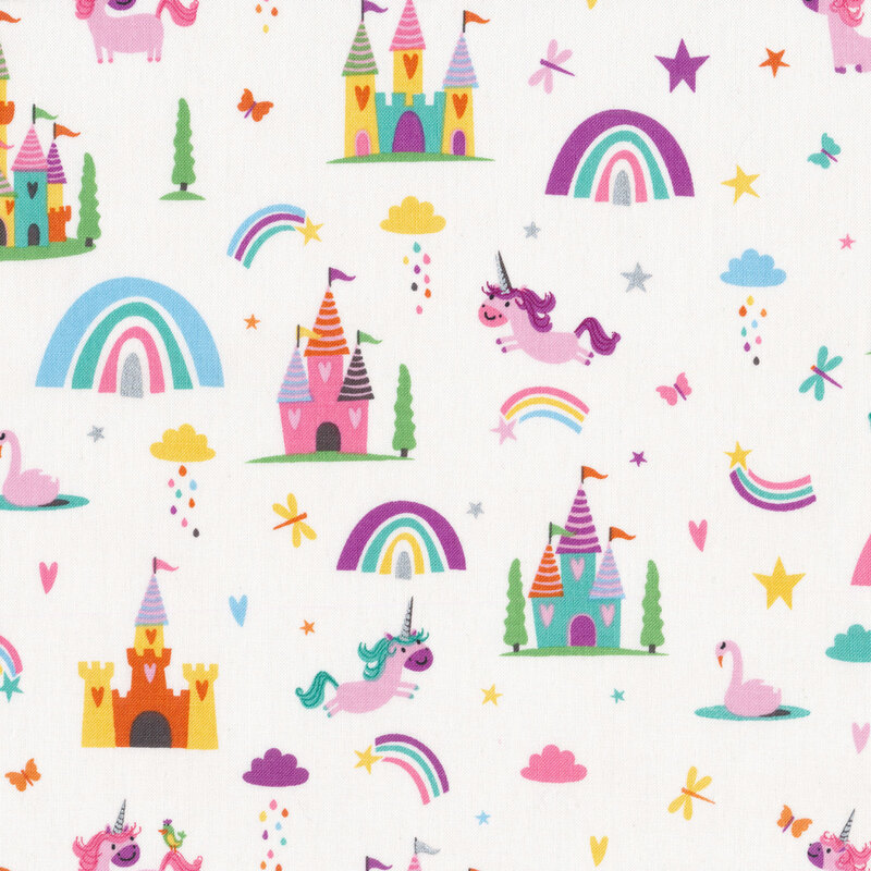 Unicorns, rainbows, and castles on white | Shabby Fabrics