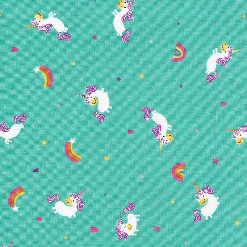 Tossed unicorns and shooting stars on teal | Shabby Fabrics