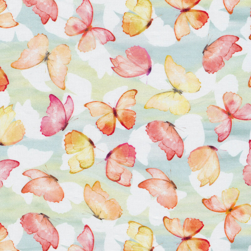Pink, red, and yellow butterflies on pastel blue and green | Shabby Fabrics