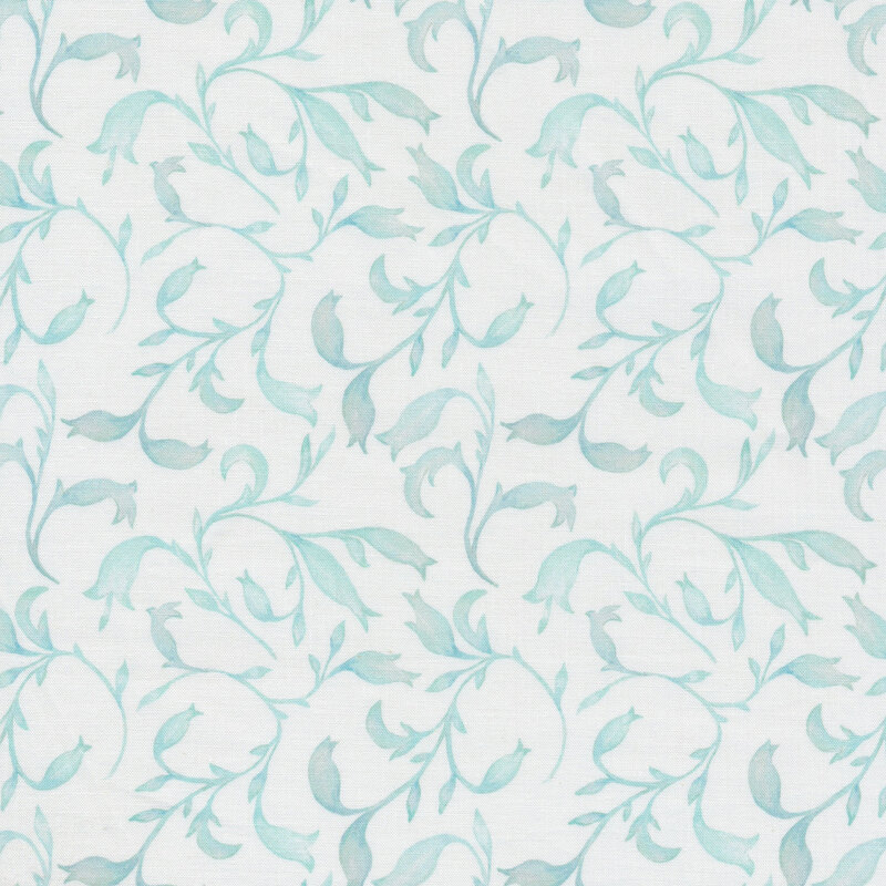 Teal leaves all over white | Shabby Fabrics