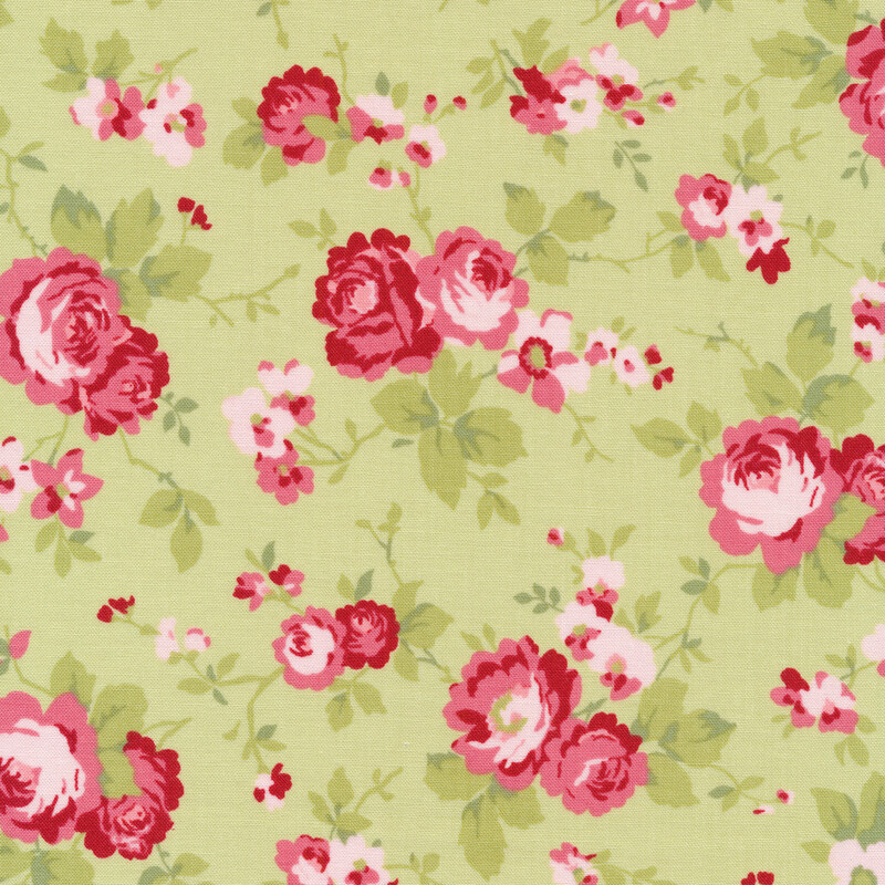 Beautiful red flowers with green stems on a green background | Shabby Fabrics