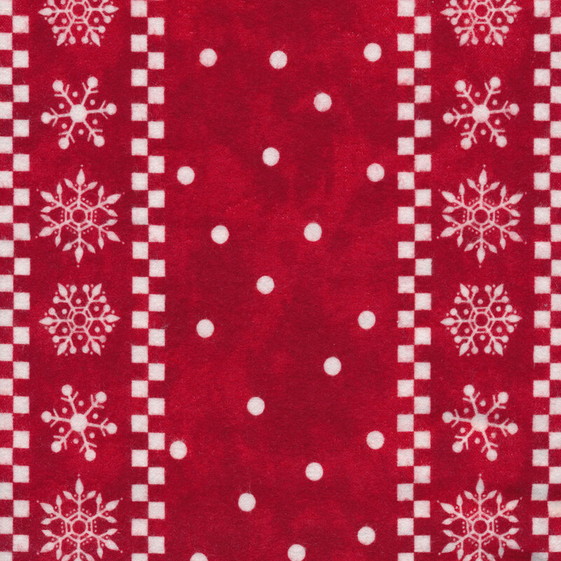 Red fabric features cream check stripes snowflakes and dots in columns | Shabby Fabrics